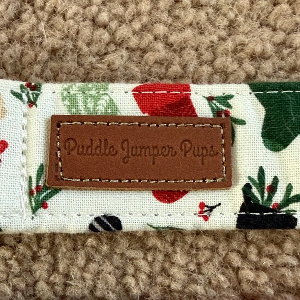 Holiday Cream Bow Tie Dog Collar with Red & Green Stocking Print